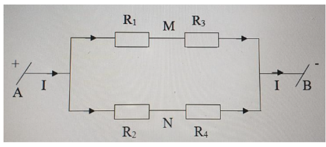 Cho mạch như hình vẽ, biết UAB=48V;R1=2Ω;R2=8Ω;R3=6Ω;R4=16Ω

a) Tính UMN