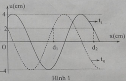 Cho một sóng cơ truyền dọc theo trục Ox trên một sợi dây đàn hồi rất dài chu ỳ 6s. Tại thời điểm t0 = 0 và thời điểm t1 = 1,75s, hình dạng sợi dây như