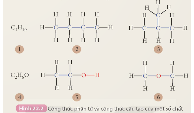 Em hãy cho biết trong các công thức từ (1) đến (6) trong Hình 22.2. công thức nào là công thức phân tử và công thức nào là công thức cấu tạo?