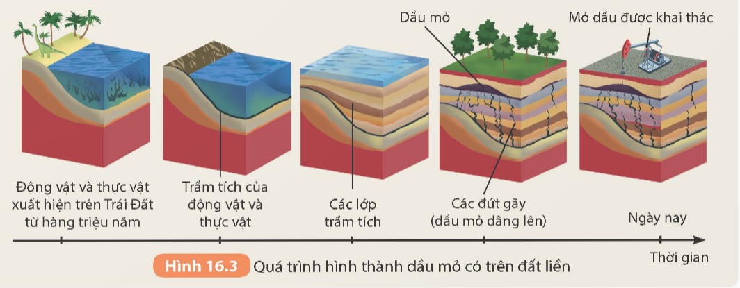 Quan sát Hình 16.3 và thực hiện các yêu cầu sau:

1. Mô tả quá trình hình thành dầu mỏ.

2. Vì sao dầu mỏ không thể bổ sung nhanh và sẽ dần cạn kiệt trong