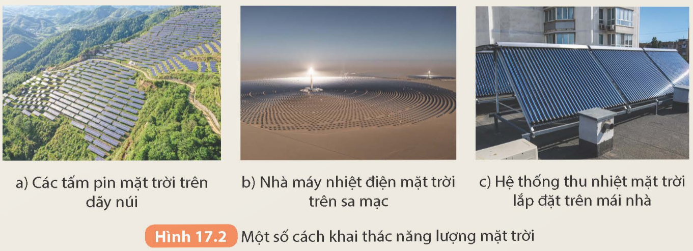 Quan sát Hình 17.2, tìm hiểu trên sách báo, internet và thực hiện các yêu cầu sau:

1. Năng lượng mặt trời được khai thác, sử dụng trong cuộc sống như