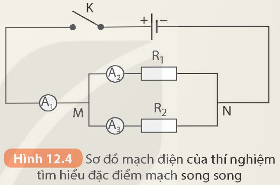 Thí nghiệm tìm hiểu đặc điểm của đoạn mạch song song

Chuẩn bị:

- Nguồn điện một chiều 6 V;

- Hai điện trở   ;R1=10 Ω; R2=6Ω

- Ba ampe kế có giới hạn