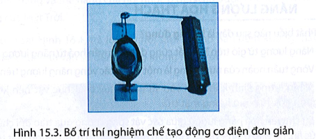 Thực hiện chế tạo mô hình động cơ điện theo gợi ý sau:

Dụng cụ:  Pin 1,5 V; viên nam châm tròn; dây đồng; hai chiếc kim băng; dây chun.

Tiến hành:

Bước