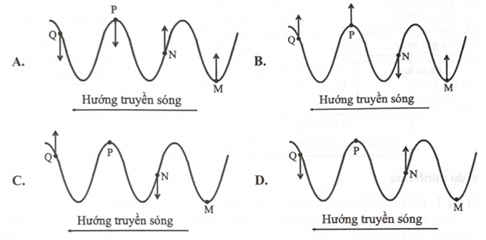 Trong các hình vẽ dưới đây, mũi tên biểu diễn hướng chuyển động của các phần tử M, N, P, Q trên một sợi dây đàn hồi khi có sóng truyền qua. Hình biểu diễn