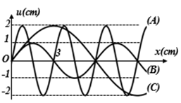 Ba sóng A, B và C truyền được 12 m trong 2,0 s qua cùng một môi trường thể hiện như trên đồ thị. Gọi v1, v2, v3 lần lượt là tốc độ cực đại của một phần