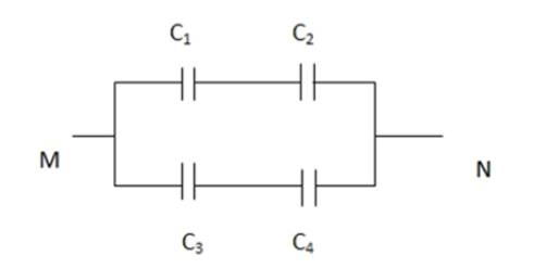 Bốn tụ điện được mắc thành bộ theo sơ đồ dưới. C1 = 1µF; C2 = 3µF; C3 = 3µF. Khi nối hai điểm M, N với nguồn điện thì tụ điện C1 có điện tích Q1 = 6µC 