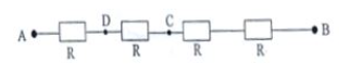 Cho bốn điện trở giống nhau mắc nối tiếp. Biết \[{U_{AB}}\] = 132 V và duy trì ổn định. Mắc vôn kế có điện trở \[{R_V}\] vào hai điểm A, C nó chỉ 44 V.