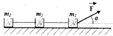 Cho cơ hệ gồm ba vật như hình vẽ. Biết  m1 = 2 kg; m2=1 kg;  m3= 3 kg; F = 18 N,    . Lực căng tác dụng lên hai sợi dây của cơ hệ là

 