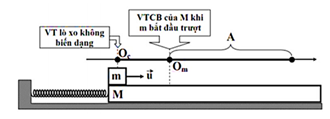 Cho cơ hệ như hình vẽ. Vật m có khối lượng 200 g được đặt trên tấm ván M đủ dài có khối lượng 100 g. Ván nằm trên mặt phẳng ngang nhẵn và được nối với