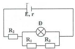 Cho E = 12 V; r = 2 Ω; R1 = R2 = 6 Ω. Đèn ghi (6 V – 3 W)

a) Tính I, U qua mỗi điện trở?

b) Nhiệt lượng tỏa ra ở đèn sau 2 phút?

c) Tính R1 để đèn sáng