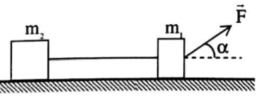 Cho hệ cơ như hình vẽ bên.

Biết rằng m1=500g,m2=1kg, hệ số lực ma sát giữa các vật với mặt sàn là μ1=μ2=μ=0,2 Lực kéo có độ lớn F = 20N, α=30o, lấy gia