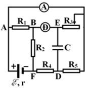 Cho mạch điện như hình vẽ. R1=12Ω , R2=4Ω , R4=18Ω , R5=6Ω , RĐ=3Ω , C = 2 μF. Biết điện trở ampe kế và dây nối không đáng kể. Dịch chuyển