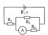 Cho mạch điện có sơ đồ như hình bên:E=12V . R1=4Ω,R2=R3=10Ω  Bỏ qua điện trở của Ampe kế và dây nối. Số chỉ của ampe kế là 0,6A. Giá trị điện trở trong