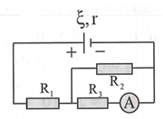 Cho mạch điện có sơ đồ như hình vẽ bên: ξ=12 V;R1=4Ω;R2=R3=10Ω. Bỏ qua điện trở của ampe kế A và dây nối. Số chỉ của ampe kế là 0,6A. Giá trị của điện