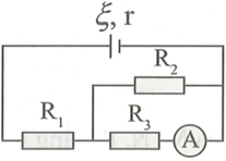 Cho mạch điện có sơ đồ như hình vẽ.       Biết ξ=12V ; R1=4Ω; R2=R3=10Ω  . Bỏ qua điện trở của ampe kế A và dây dẫn. Số chỉ của ampe kế là 0,6 A. Giá trị