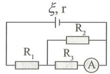 Cho mạch điện có sơ đồ như hình vẽ. Biết ξ=12V;R1=4Ω;R2=R3=10Ω. Bỏ qua điện trở của ampe kế A và dây dẫn. Số chỉ của ampe kế là 0,6 A. Giá trị của điện