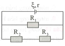 Cho mạch điện như hình bên. Biết ξ=12V; r=1Ω;R1=5Ω, R2=R3=10Ω. Bỏ qua điện trở của dây nối. Hiệu điện thế giữa hai đầu R1 là