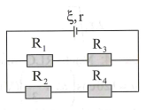 Cho mạch điện như hình bên. Biết ξ = 7,8 V ; r = 0,4 Ω; R1 = R2 = R3 =3 Ω, R4 = 6Ω. Bỏ qua điện trở của dây nối. Dòng điện chạy qua nguồn điện có cường