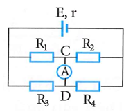 Cho mạch điện như hình bên. Biết nguồn điện có suất điện động là E = 6V và điện trở trong là r=1  Ω  , điện trở R1=R4=1  Ω,R2=R3=3  Ω,    ampe kế A có