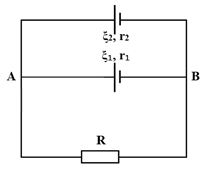 Cho mạch điện như hình vẽ, ξ1 = 20 V, ξ2 = 32 V, r1 = 1 Ω, r2 = 0,5 Ω, R = 2 Ω. Cường độ dòng điện chạy qua R có độ lớn bằng 