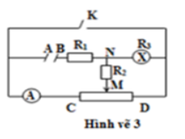 Cho mạch điện như hình vẽ 3. Đặt vào hai điểm A,B một hiệu điện thế không đổi U = 6 V. Các điện trở R1 = 1,5 Ω, R2 = 3 Ω, bóng điện có điện trở R3 = 3