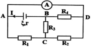 Cho mạch điện như hình vẽ. Biết ampe kế chỉ 0,5A và r=10Ω, R1=R2=R3=40Ω, R4=30Ω,RA≈0 Nguồn điện có suất điện động là: