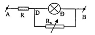 Cho mạch điện như hình vẽ. Biết R=4Ω   , đèn Đ ghi 6V−3W,UAB=9V     không đổi, Rx     là biến trở. Điện trở của đèn không đổi. Xác định giá trị của Rx để