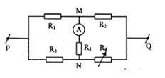 Cho mạch điện như hình vẽ:

BiếtR1 =1Ω,UPQ =2V,RA =0,5Ω. Khi R4 = 6 thì IA = 0A. Tích R2.R3 là?