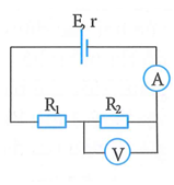 Cho mạch điện như hình vẽ, bỏ qua điện trở của các dây nối, biết E=3 V; R1=5 Ω  , ampe kế và vôn kế lý tưởng. Ampe kế chỉ 0,3 A, vôn kế chỉ 1,2 V. Điện