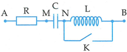 Cho mạch điện như hình vẽ. Điện áp xoay chiều ổn định giữa hai đầu A và B là u=1203cosωt+φV                      Khi K mở hoặc đóng, thì đồ thị cường độ
