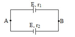 Cho mạch điện như hình vẽ. Hai pin có suất điện động bằng nhau và bằng 2V; r1 = 1; r2 = 3. Cường độ dòng điện trong mạch và hiệu điện thế giữa hai điểm