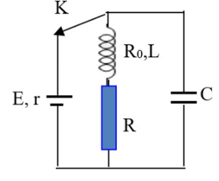 Cho mạch điện như hình vẽ, nguồn có suất điện động E = 12V điện trở trong r = 1Ω, tụ có điện dung C = 100μF, cuộn dây có hệ số tự cảm L = 0,2H và điện