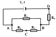 Cho mạch điện như hình vẽ. Nguồn điện có suất điện động E=9V và điện trở trong r=1Ω . Các điện trở mạch ngoài   R1=R2=R3=3Ω,R4=6Ω Tính cường độ dòng điện