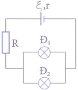 Cho mạch điện như hình vẽ. Nguồn điện có suất điện động ξ=24V và điện trở trong r=1 Ω. Trên các bóng đèn Đ1; Đ2 lần lượt có ghi 12V-6W và 12V-12W. Điện