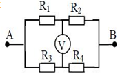 Cho mạch điện nhu hình vẽ

.R1=2Ω;R2=3Ω; R3=5Ω; R4=4Ω  .   Vôn kế có điện trở rất lớn (RV=∞  ).   Hiệu điện thế giữa hai đầu   A,   B là 18V. số chỉ của