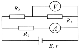 Cho mạch điện như hình vẽ: R1=R2=2R3=4Ω;E=6V;R=0,6Ω. Vôn kế và ampe kế lí tưởng. Thay vôn kế bằng một tụ điện có điện dung C=10-6F. Khi hệ đang ổn định