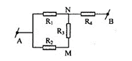 Cho mạch điện như hình vẽ: R1 = R2 = R3 = 6Ω , R4 = 2Ω . Tính điện trở tương đương của mạch khi ta nối M và B bằng một ampe kế có điện trở rất nhỏ?