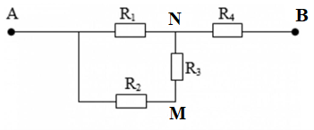 Cho mạch điện như hình vẽ: R1 = R2 = R3 = 6  W   ; R4 = 2  W  ; UAB = 18 V. Nối M và B bằng một vôn kế. Tìm số chỉ của vôn kế B. Nối M và B bằng 1 ampe