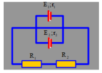 Cho mạch điện như hình vẽ. Trong đó E1=E2=12V,r=2Ω,R1=3Ω,R2=8Ω . Cường độ dòng điện chạy trong mạch là bao nhiêu