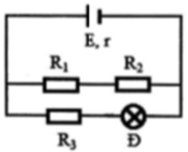 Cho mạch điện như hình vẽ, với các thông số E = 12V, r=4812Ω, R1=R2=5Ω, bóng đèn Đ (6 V – 3 W). Bỏ qua điện trở của dây nối. Biết đèn sáng bình thường.