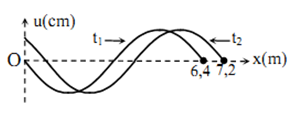 Cho một sợi dây cao su căng ngang. Làm cho đầu O của dây dao động theo phương thẳng đứng. Hình vẽ mô tả hình dạng sợi dây ở hai thời điểm liên tiếp t1 và t2 = t1