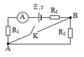 Có mạch điện như hình vẽ. Nguồn điện có suất điện điện E = 12 V và có điện trở trong r = 0,5 Ω. Các điện trở mạch ngoài R1 = 4,5Ω, R2 = 4Ω, R3 = 3Ω. Hiệu