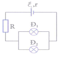 Có mạch điện như hình vẽ, nguồn điện có suất điện động E = 24 V và có điện trở trong r = 1 \[\Omega \], trên các bóng đèn có ghi Đ1 (12 V – 6 W), Đ2 (12