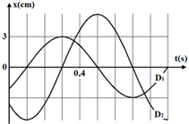 Dao động của một vật có khối lượng 200 g là tổng hợp của hai dao động điều hòa cùng phương D1 và D2. Hình bên là đồ thị biểu diễn sự phụ thuộc của li độ