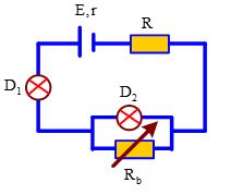 Hai bòng đèn Đ1 và Đ2 được mắc vào mạch điện như hình vẽ. Biết ban đầu biến trở Rb­ có giá trị sao cho 2 đèn sáng bình thường. Nếu tăng giá trị biến trở