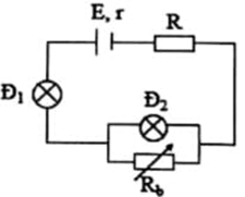 Hai bòng đèn Đ1 và Đ2 được mắc vào mạch điện như hình vẽ. Biết ban đầu biến trở Rb có giá trị sao cho 2 đèn sáng bình thường. Nếu tăng giá trị biến trở