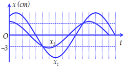 Hai chất điểm M, N dao động điều hòa trên các quỹ đạo song song, gần nhau dọc theo trục Ox, có li độ lần lượt là x1, x2. Hình bên là đồ thị biểu diễn sự