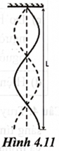 Hình 4.11 mô tả sóng dừng trên một sợi dây đàn hồi có một đầu cố định, một đầu thả tự do. Biết chiều dài của sợi dây là L = 75 cm. Điền số thích hợp vào