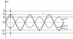 Hình vẽ bên biểu diễn hình dạng của một sợi dây đang có sóng dừng ổn định với biên độ bụng là A0, chu kì T. Biết các đường 3, 2, 1 lần lượt là hình