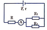 Mạch điện như hình vẽ bên. Suất điện động của nguồn E= 12 V, điện trở trong r=1Ω. Biết R1=6Ω, R2=12Ω. Bỏ qua điện trở dây nối và ampere kế. Số chỉ của